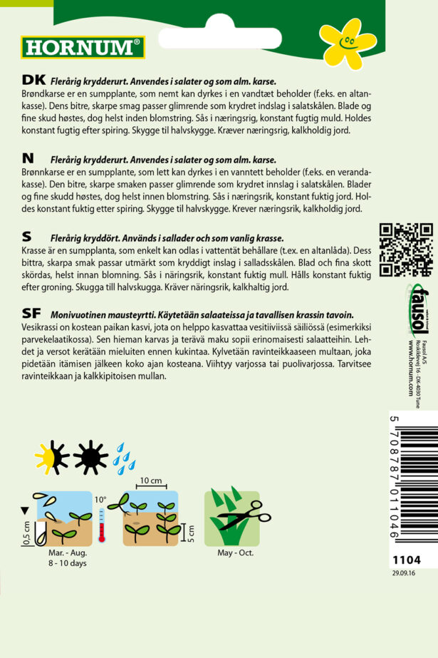 Bagside Hornum frøpose 1104 brøndkarse