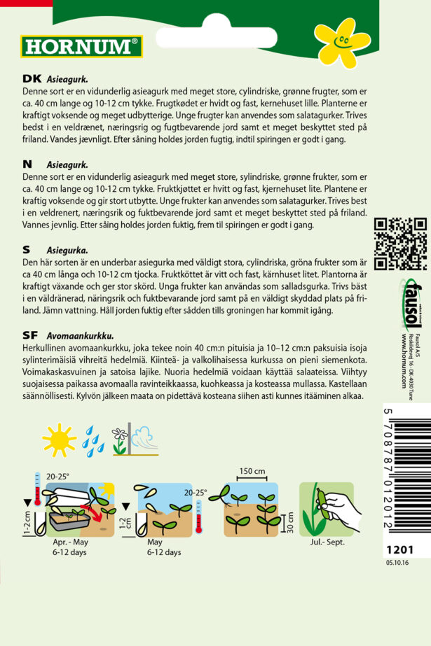 Bagside Hornum frøpose 1201 Agurk asie frilands