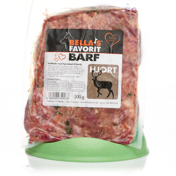 500 gram blok med Bella's favorit Barf hjort og kylling i grøn skål.