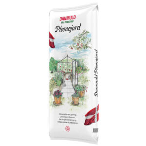 Danmuld Plænejord 40 ltr. Plænedress Danmuld. Hvis sæk med drivhus, krukker og dansk flag.