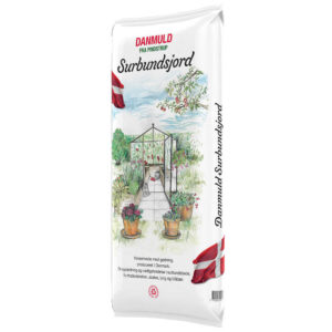 Danmuld surbundsjord 40 ltr pose. Hvid med drivhus, krukker og dannebrog.