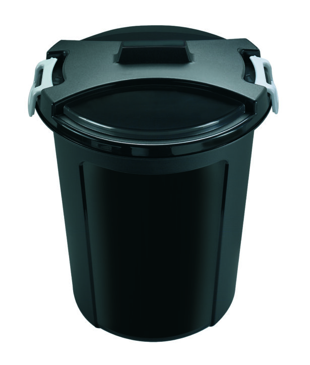 Fodertønde med låg og låsehåndtag. Fødevaregodkendt plastik. Sort 46 liter.