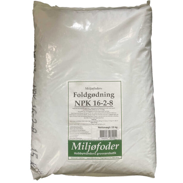 Miljøfoders foldgødning NPK 16-2-8 hvid sæk