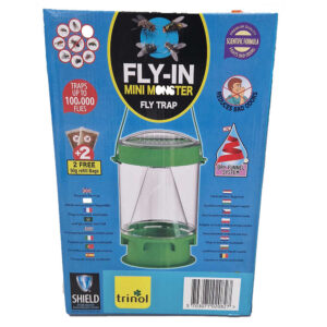 Fly-in mini monster fluefælde i blå kasse med figurer på.