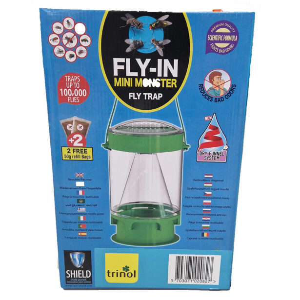 Fly-in mini monster fluefælde i blå kasse med figurer på.
